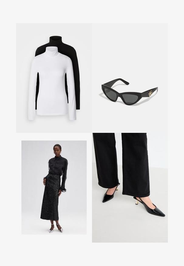 Két hosszú ujjú garbó felső, az egyik fehér, a másik fekete, sima, rugalmas anyagból készült, mindkettő karcsú szabású és magas nyakú.; Fekete, gombos blúz áttetsző ujjakkal, egy flitteres fekete midi szoknyával és ezüst magassarkú cipőkkel párosítva. Elegáns és textúrált dizájn.; Simmi London JUNE - Klasszikus sarkú cipők - black; Macska szemformájú napszemüveg matt fekete műanyag kerettel, sötét lencsékkel és arany logóval a szárán. Szögletes kialakítás és sima felület.; Barna bőr keresztpántos táska logómintával, arany láncos pánttal, cipzáras záródással és arany fémkiegészítőkkel. Kompakt és téglalap alakú dizájn.