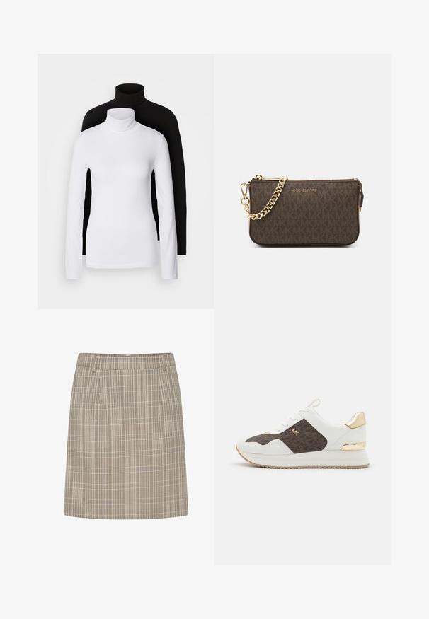 Two long-sleeve turtleneck tops, one white and one black, made of a smooth, stretchy fabric, both featuring slim-fitting design and high collars.; Checkered skirt with a fitted waistband, featuring vertical and horizontal lines in beige and brown, made from a lightweight fabric.; White sneakers with brown patterned fabric panel, gold hardware accents, round toe, lace-up design, and textured rubber sole.; Brown leather crossbody bag with logo pattern, gold chain strap, zipper closure, and gold hardware accents. Compact and rectangular shape.
