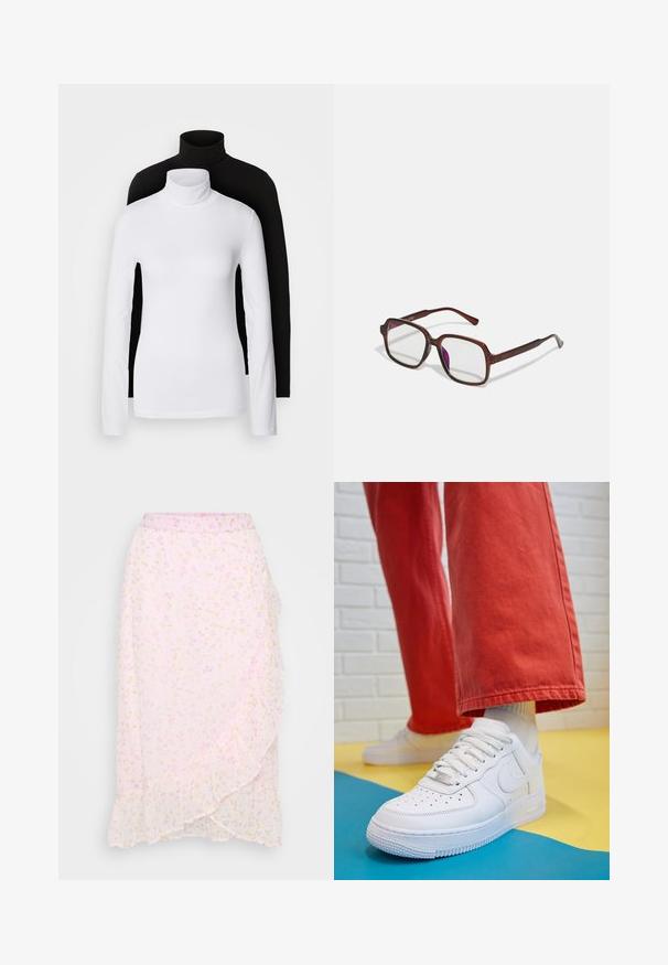 Două bluze cu mânecă lungă și guler înalt, una albă și una neagră, realizate dintr-un material neted și elastic, ambele având un design slim-fit.; Vero Moda Petite VMSMILLA WRAP SKIRT - Fustă petrecută - pink a boo/aura; Tenis alb din piele cu fanta pe vârful piciorului, talpă texturată și șireturi albe, purtat cu pantaloni larga roșii și un fundal albastru și galben.; Ochelari de vedere dreptunghiulari, maro, cu lentile transparente și nuanțe de violet. Cadru din plastic neted cu brațe drepte și accente subtile.; Geantă de umăr din piele ecologică maro, cu o formă curbată, cusături minime și un accent din metal auriu. Are un închidere cu fermoar în partea de sus și o curea ajustabilă.