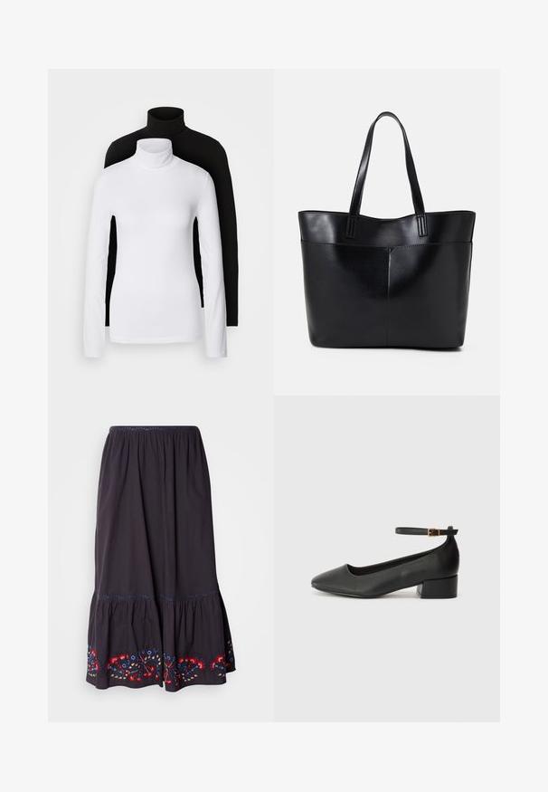Zwei langärmelige Rollkragenoberteile, eines weiß und eines schwarz, aus einem glatten, dehnbaren Stoff, beide mit schmalem Schnitt und hohem Kragen.; Dunkelgrauer Baumwollrock mit einem Stufendesign und gestickten Blumenakzenten in Rot, Blau und Gelb am Saum. Elastischer Taillenbund.; Schwarze Lederpumps mit spitzem Zehenbereich und niedrigem Blockabsatz. Mit einem Knöchelriemen und einer goldfarbenen Schnalle. Glatte Textur.; Schwarze Leder-Shopper-Tasche mit zwei langen Griffen, einer glatten Textur und einer strukturierten Form. Verfügt über eine Vordertasche für zusätzlichen Stauraum.