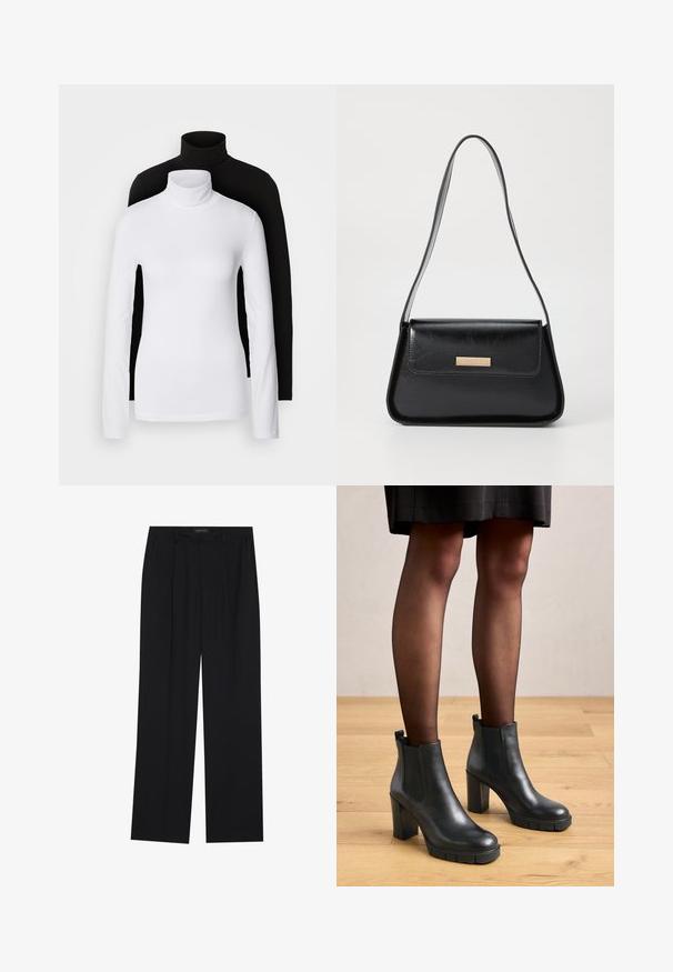 Deux tops à manches longues en col roulé, l'un blanc et l'autre noir, fabriqués dans un tissu lisse et extensible, tous deux dotés d'une coupe ajustée et de cols hauts.; Pantalons noirs à coupe droite, dotés de deux poches avant et d'une taille. Fabriqués dans un tissu lisse et léger.; Bottines en cuir noir avec une finition lisse, un talon bloc, une semelle en caoutchouc épaisse et des panneaux latéraux en élastique. Positionnées sur un sol en bois.; Sac à main en cuir noir avec une forme triangulaire structurée, une fine sangle et des détails en métal doré, comportant une plaque logo sur le rabat avant.