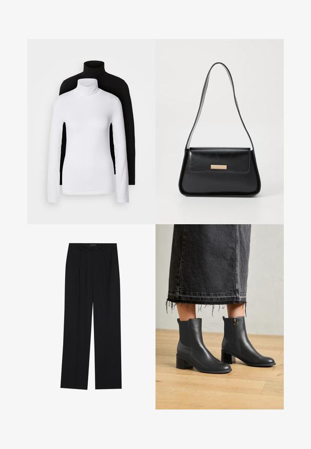 Divi garām piedurknēm turtleneck lielumi, viens balts un otrs melns, izgatavoti no gludas, stiepjamas auduma, abiem ar pieguļošu formu un augstajiem apkaklēm.; Melni bikses ar taisnu kāju dizainu, kurām ir divi priekšējie kabatas un jostasvieta. Izgatavotas no gludas, vieglas auduma.; Melnas ādas potītes boot ar noapaļotu pirkstu un blokveida papēdi. Iekļauj sānu rāvējslēdzēju un gludu tekstūru. Valkātas ar saplēstu džinsu svārku.; Melnas ādas rokassomiņa ar strukturētu trīsstūra formu, šauru siksnu un zelta toņu metāla detaļām, kurām ir logo plāksne priekšējā atloka.