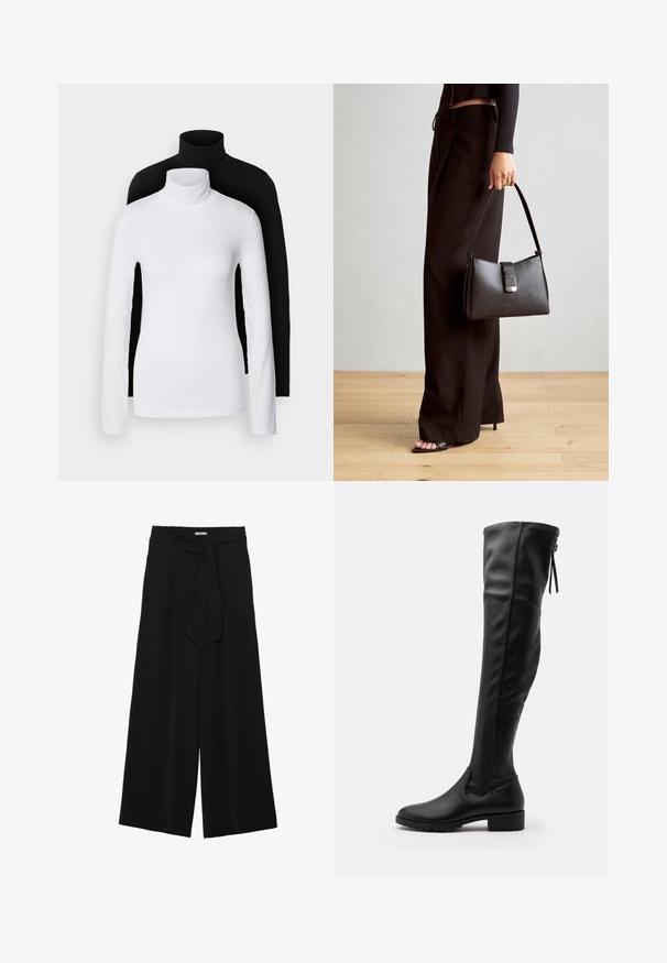 Du kišeninės ilgomis rankovėmis turtleneck marškiniai, vieni balti, kiti juodi, pagaminti iš lygaus, tampraus audinio, abu su siauru figūrą pabrėžiančiu dizainu ir aukštais apykaklėmis.; Juoda plačių kojų kelnės, pagamintos iš tekstūruoto audinio, su elastingu juosmeniu ir atsegamu diržu juosmenyje, leidžiančiu reguliuoti dydį.; Juodo odinio batai iki kelių, su lygiu paviršiumi, apvaliu nosiu ir guminėmisPadais. Savybės: prigludusi forma ir raištelis gale.; Juodas rankinė struktūrizuota forma, lygi tekstūra ir metalinis užsegimas. Suporuota su plačiomis juodomis kelnėmis ir atvirais bateliais ant medinių grindų.