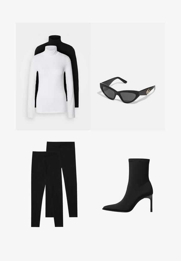 Dvě dlouhé rolákové topy, jeden bílý a jeden černý, vyrobené z hladkého, elastického materiálu, oba s přiléhavým střihem a vysokými límci.; Černé legíny vyrobené z elastického materiálu, s bezešvým pasem a slim fit designem, vhodné pro každodenní nošení nebo cvičení.; Stradivarius Kotníkové boty - black; Sunglasses ve tvaru kočičích očí s matným černým plastovým rámem, tmavými skly a zlatým logem na stranu. Úhlový design a hladká textura.