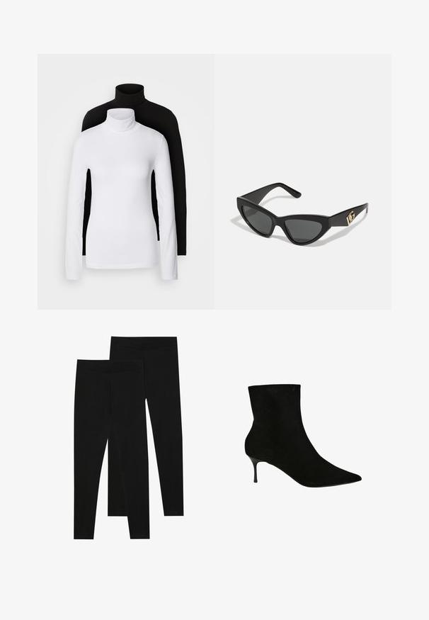 Dva dolge rokave turtleneck majice, ena bela in ena črna, izdelani iz gladkega, raztegljivega materiala, oba imata slim-fit kroj in visoke ovratnike.; Črne legice iz raztegljive tkanine, z brezšivnim pasom in oprijetim krojem, primerne za prosti čas ali vadbo.; Črne semiš sebične čevlje z ostrim nosom in vitkim stiletto petami. Gladka tekstura in prilegajoča silhueta, ki poudarja obliko.; Sončne naočale v mačjem stilu z mat črnim plastičnim okvirjem, temnimi lečami in zlatim logotipom na tempeljih. Kotačast dizajn in gladka tekstura.