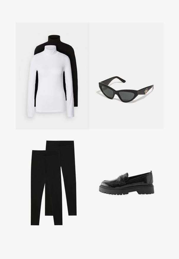 Două bluze cu mânecă lungă și guler înalt, una albă și una neagră, realizate dintr-un material neted și elastic, ambele având un design slim-fit.; Leggings negre dintr-un material elastic, cu o talie fără cusături și un design slim fit, potrivite pentru îmbrăcăminte casual sau exerciții fizice.; Loafers din piele lăcuită neagră au o talpă joasă cu un profil robust și o detaliere cusută în partea medie a piciorului.; Ochelari de soare tip cat-eye cu un cadru din plastic mat de culoare neagră, lentile întunecate și un accent de logo aurit pe tâmple. Design unghiular și textură netedă.; Geantă de umăr din piele maro, cu model logo, curea cu lanț aurit, închidere cu fermoar și accente aurii. Formă compactă și rectangulară.