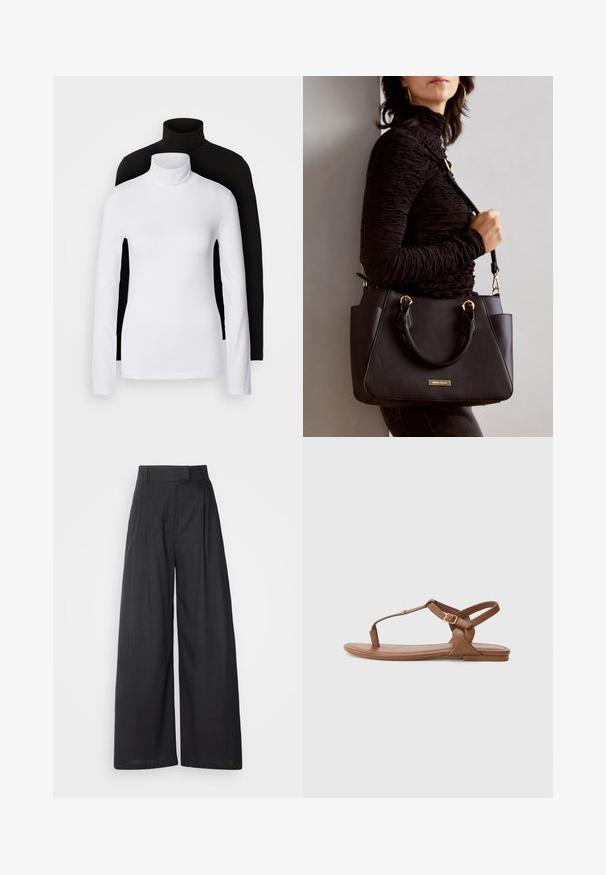 Two long-sleeve turtleneck tops, one white and one black, made of a smooth, stretchy fabric, both featuring slim-fitting design and high collars.; Dark, wide-leg trousers with a structured waistband and pleats. Made of lightweight fabric, featuring a smooth texture and no visible patterns.; Brown leather sandal with a T-strap design, adjustable ankle strap with a gold buckle, flat sole, and smooth texture.; Black handbag with textured surface, dual top handles, and adjustable shoulder strap. Features gold-tone hardware and side pockets.