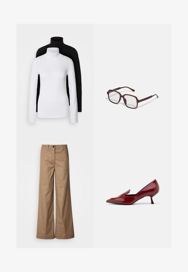 Duas blusas de gola alta de manga longa, uma branca e uma preta, feitas de um tecido liso e elástico, ambas com um design justo e colares altos.; Calças de perna larga feitas de tecido liso e bege. Apresentam um fecho de botão na parte da frente, passantes para cinto e bolsos laterais. Linhas limpas, sem padrões visíveis.; Sapatos de salto altos de couro verniz vermelho com bico fino, design de calçar facilmente e salto stiletto baixo. Textura suave com uma silhueta elegante.; Óculos de grau retangulares castanhos, com lentes transparentes e tons roxos. Armação de plástico suave com hastes retas e acentos subtis.