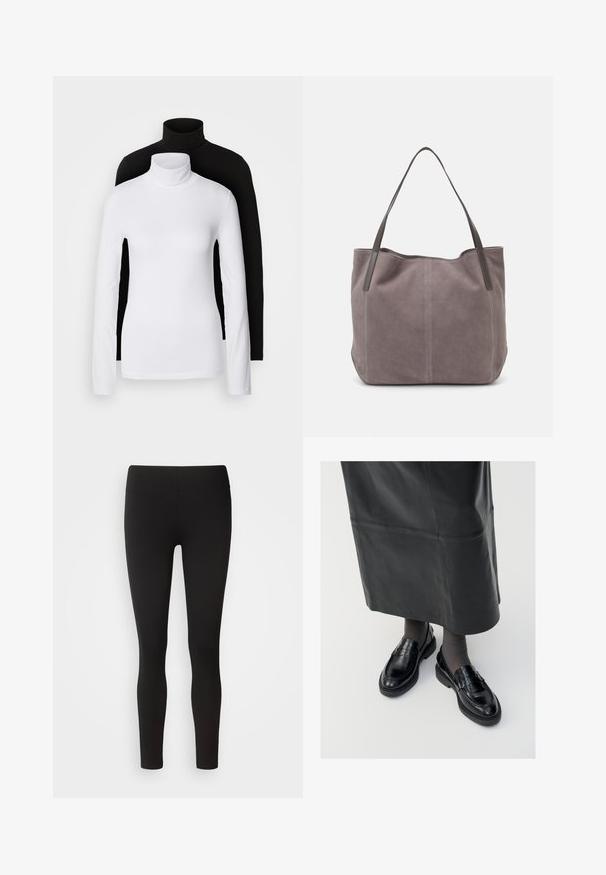 Twee lange mouwen turtleneck tops, één wit en één zwart, gemaakt van een gladde, rekbare stof, beide met een slank passend ontwerp en hoge kraag.; Zwarte leggings gemaakt van rekbaar materiaal met een naadloze tailleband, figuurvolgend ontwerp en soepele textuur, geschikt voor verschillende activiteiten.; Zwarte leren loafers met een gladde afwerking, voorzien van een decoratieve band, ronde neus en gestructureerde zool. Draagt met een lange zwarte leren rok.; Grijze suède tote bag met twee donkere leren hengsels. Kenmerkt zich door gestikte details aan de zijkanten, een zachte textuur en een ruime opening.