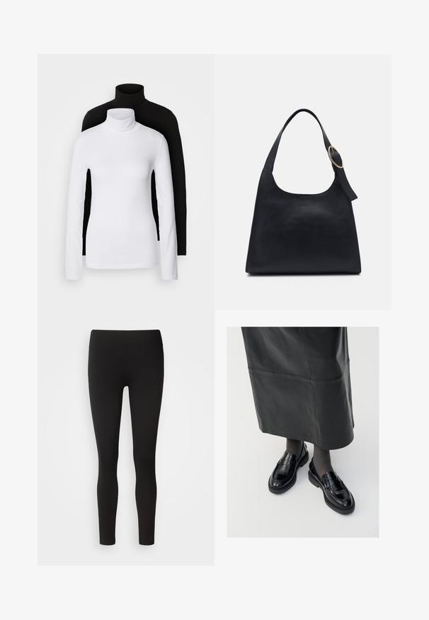 Dva dolge rokave turtleneck majice, ena bela in ena črna, izdelani iz gladkega, raztegljivega materiala, oba imata slim-fit kroj in visoke ovratnike.; Črne legice iz raztegljive tkanine z brezšivnim pasom, prilegajoča se zasnova in gladka tekstura, primerne za različne aktivnosti.; Črne usnjene loafer čevlje s gladko površino, ki imajo dekorativno srajco, okroglo konico in teksturiran podplat. Nosi se z dolgim črnim usnjennim krilom.; Črna usnjena torba z gladko teksturo, zaobljeno telo in enojni ramenski trak, ki ima okroglo zlatno okrasno dodatno opremo.