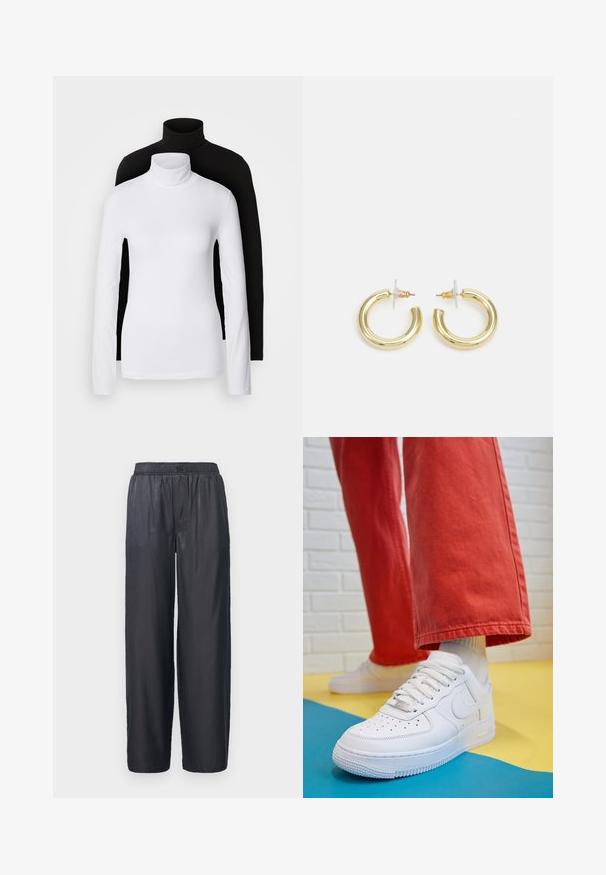 Kaks pikka varrukat turtleneck tippi, üks valge ja teine must, valmistatud siledast, venivast kangast, mõlemad slim-fit disainiga ja kõrgete kraedega.; Must mustrikkantsid, mis on valmistatud siledast ja läikivast kangast. Omavad elastset vöökohta ja nähtavaid taskuid pole. Lihtne disain, täispikk. ; Valge nahast tennis, millel on perforeeritud varvas, tekstureeritud tallad ja valged shoelaces, kombineeritud laia punase pükste ja sinise ning kollase taustaga.; Kuldne rõngassõrmused sileda ja läikiva viimistlusega. Ringikujuline disain, millel on väike post ja selge tagumine külg, et tagada kindel kandmine.