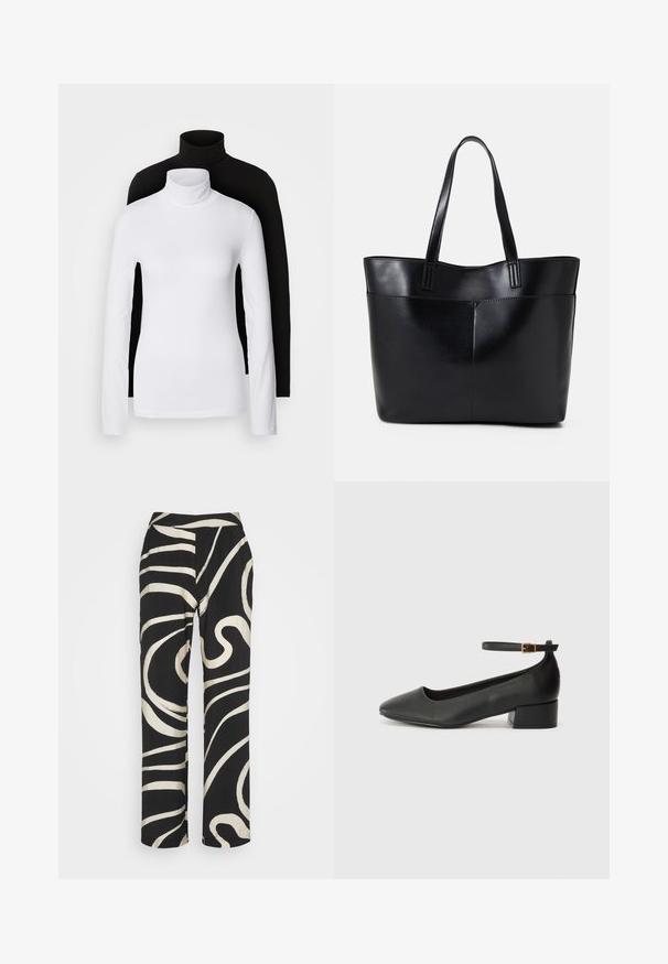 Du kišeninės ilgomis rankovėmis turtleneck marškiniai, vieni balti, kiti juodi, pagaminti iš lygaus, tampraus audinio, abu su siauru figūrą pabrėžiančiu dizainu ir aukštais apykaklėmis.; Juodi kelnių, turinčių aukštą juosmenį, plačius sijonus ir drąsų baltą abstraktų spiralės raštą. Pagaminta iš sklandžios, lengvos medžiagos.; Juodas odinis aukštakulnis batelis su smailiu pirštu ir žemu bloku. Su kulkšnies dirželiu su auksinės spalvos sagtimi. Lygus paviršius.; Juoda odinė rankinė su dviem ilgais diržais, lygiu paviršiumi ir struktūrizuota forma. Yra priekinė kišenė papildomam saugojimui.; Sidabriniai auskarai su sklandžiu, poliruotu paviršiumi. Apvalios formos ir saugus uždarymo mechanizmas. Lengvas dizainas, tinkantis kasdieniam dėvėjimui.