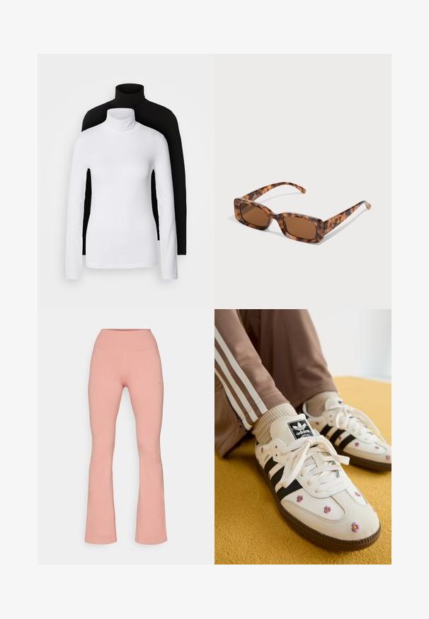 Divi garām piedurknēm turtleneck lielumi, viens balts un otrs melns, izgatavoti no gludas, stiepjamas auduma, abiem ar pieguļošu formu un augstajiem apkaklēm.; Vaļīgas sporta bikses no maiga rozā auduma, ar augstu jostu un gludu tekstūru, minimālu šuvju skaitu un logo detaļām sānos.; Baltas ādas teniss ar trim melniem svītrām un ziedu izšuvumiem purpura un dzeltenā krāsā. Brūna gumijas zole. Kombinēts ar bēša ripotām zeķēm.; Tortoiseshell saulesbrilles ar taisnstūrveida brūniem stikliem, biezs rāmis un plānas kājas ar dažādu brūnu toņu rakstu.