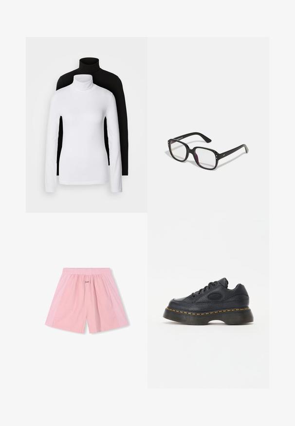 Twee lange mouwen turtleneck tops, één wit en één zwart, gemaakt van een gladde, rekbare stof, beide met een slank passend ontwerp en hoge kraag.; 10DAYS BERMUDA - Shorts - bright raspberry; Zwarte leren sneaker met een gestructureerde afwerking, ronde neus en een dikke platformzool. Bevat gele accentstiksels en een merklogo aan de zijkant.; Zwarte rechthoekige bril met heldere lenzen, voorzien van afgeronde randen en zijaccenten, met een glanzende afwerking van het montuur en de pootjes.