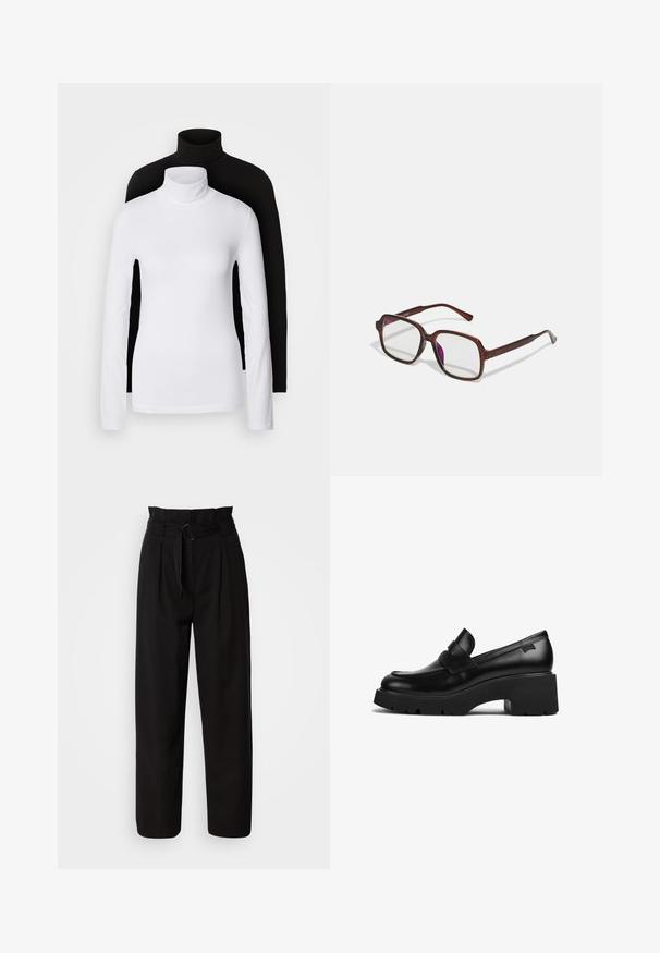 Dva dolge rokave turtleneck majice, ena bela in ena črna, izdelani iz gladkega, raztegljivega materiala, oba imata slim-fit kroj in visoke ovratnike.; Črne hlače z visokim pasom in širokimi nogavicami, ki vključujejo sprednje gube ter tkaninski pas s krožnim sponko. Gladka tekstura in prilagojen oblik.; Črne usnjene molerke s debelim petom in širokim podplatom ter trakom čez zgornji del, prikazane s strani na beli podlagi.; Rjave, pravokotne očala z prosojnimi lečami in vijoličnimi odtenki. Gladek plastičen okvir z ravnimi steblami in subtilnimi detajli.