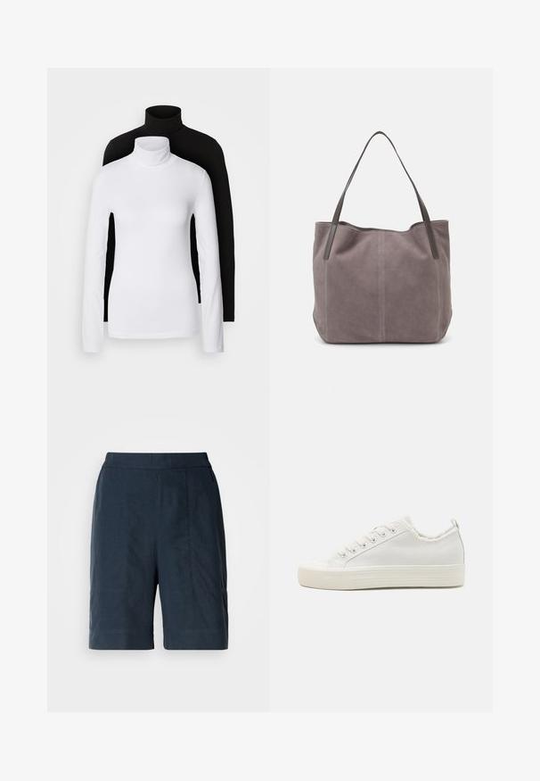Dvě dlouhé rolákové topy, jeden bílý a jeden černý, vyrobené z hladkého, elastického materiálu, oba s přiléhavým střihem a vysokými límci.; Námořnické modré šortky vyrobené z lehkého materiálu, s rovnými nohavicemi, dvěma předními kapsami a jemnými detaily šití.; Bílé plátěné tenisky s texturovaným svrškem, kulatou špičkou, plochou podrážkou a šněrováním vpředu. Mají mírně třepící se límeček a poutko.; Šedá semišová taška přes rameno s dvěma tmavými koženými uchy. Obsahuje prošívané detaily po stranách, měkkou texturu a prostorné otevření.; Čtyři stříbrné prsteny s různými vzory: zkroucený prsten, vrstvené křivky, jemné krystaly a hladký prsten s malými akcenty.