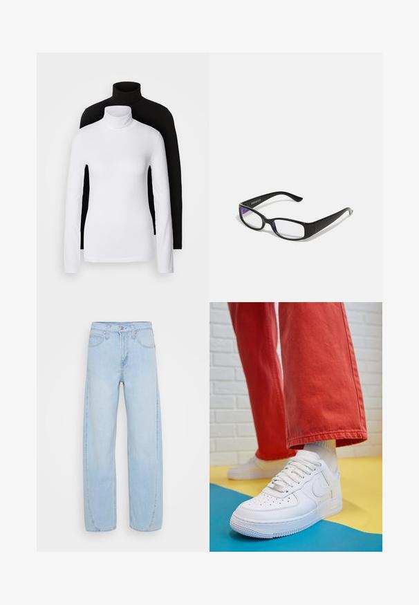 Två långärmade polotröjor, en vit och en svart, tillverkade av ett mjukt, elastiskt material, båda med en slim-fit design och höga kragar.; Ljust blå vida jeans i denim, med hög midja, fem fickor och kontrasterande sömmar längs sömmarna.; Vita lädersneakers med perforerat tåparti, texturerad sula och vita snören, kombinerat med vida röda byxor och en blå och gul bakgrund.; Svart rektangulära glasögon med klara glas. Glossy yta, smala bågar och lila nyans synlig vid kanterna av glasen.