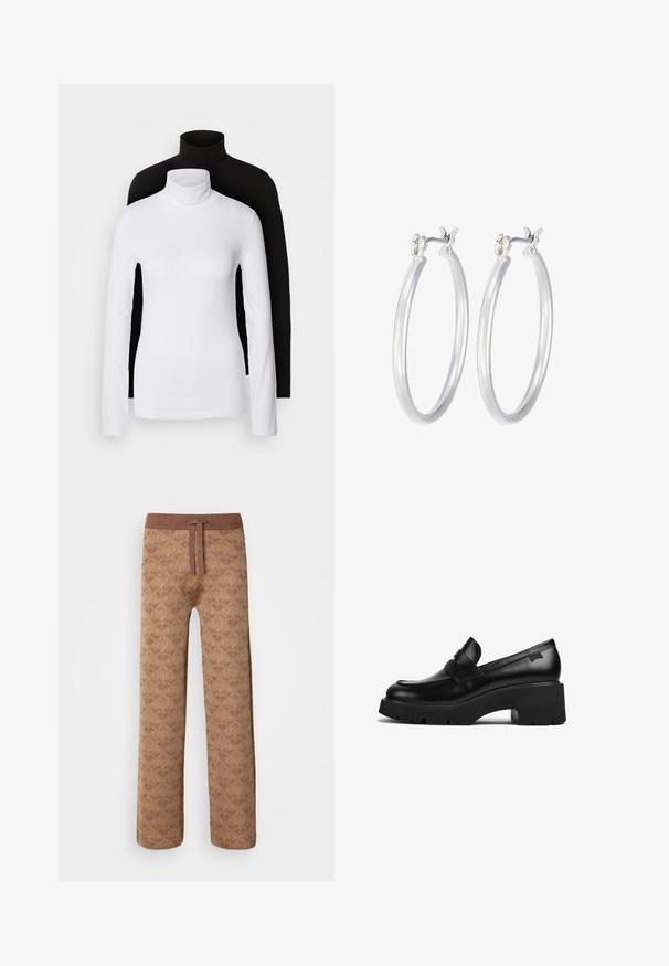 Two long-sleeve turtleneck tops, one white and one black, made of a smooth, stretchy fabric, both featuring slim-fitting design and high collars.; Brown patterned lounge pants featuring a textured fabric, elastic waistband with drawstring, and a loose fit design.; Black leather chunky-heeled loafer with thick sole and a strap detail across the top, shown from the side on a white background.; Silver hoop earrings with a smooth, polished finish. Round shape and secure click-top closure. Lightweight design suitable for everyday wear.