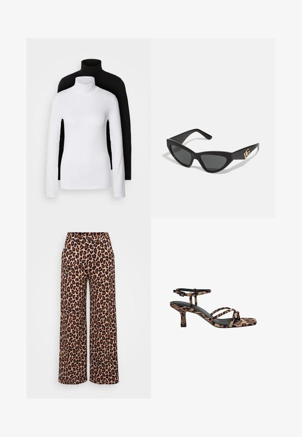 Twee lange mouwen turtleneck tops, één wit en één zwart, gemaakt van een gladde, rekbare stof, beide met een slank passend ontwerp en hoge kraag.; Even&Odd Petite Broek - brown; Luipaardprint hakken met een vierkante neus, meerdere bandjes en een middelhoge hak. Gemaakt van zacht textielmateriaal.; Cat-eye zonnebrillen met een matte zwart plastic frame, donkere lenzen en een gouden logo-accent op de poot. Hoekig ontwerp en een soepele textuur.; Bruin leren schoudertas met logo-patroon, gouden kettingband, ritsluiting en gouden hardwareaccenten. Compacte en rechthoekige vorm.
