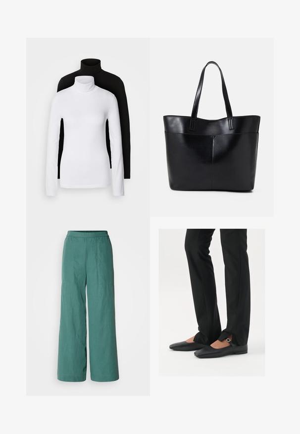 To sæt langærmede turtleneck toppe, en hvid og en sort, lavet af et glat, strækbart stof, begge med slim-fit design og høje kraver.; Bredde ben bukser i en ensfarvet teal farve, med elastisk talje og let, tekstureret stof. Velegnet til afslappet brug.; Sorte læder balletflade sko med spids tå, rem med sølvspænde, parret med sorte skræddersyede bukser med slids i bunden.; Sort læder tote taske med to lange håndtag, en glat tekstur og en struktureret form. Har en forlommem for ekstra opbevaring.; Sølv hoop øreringe med en glat, poleret overflade. Rund form og sikker klik-lukning. Letvægtsdesign, der er velegnet til hverdagsbrug.
