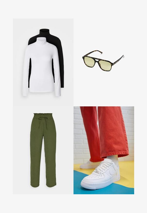 Dwa długie topy z kołnierzem typu golf, jeden biały, a drugi czarny, wykonane z gładkiego, elastycznego materiału, oba o dopasowanym kroju i wysokich kołnierzach.; VILA VITIFF zielony; Białe skórzane sneakersy z perforowanym czubkiem, teksturowaną podeszwą i białymi sznurowadłami, w połączeniu z szerokimi czerwonymi spodniami na niebiesko-żółtym tle.; Słoneczne okulary w kratkę w kształcie prostokąta, z soczewkami w zielonym odcieniu i wzorzystymi ramkami z acetatu. Posiadają metalowe akcenty w pobliżu soczewek.
