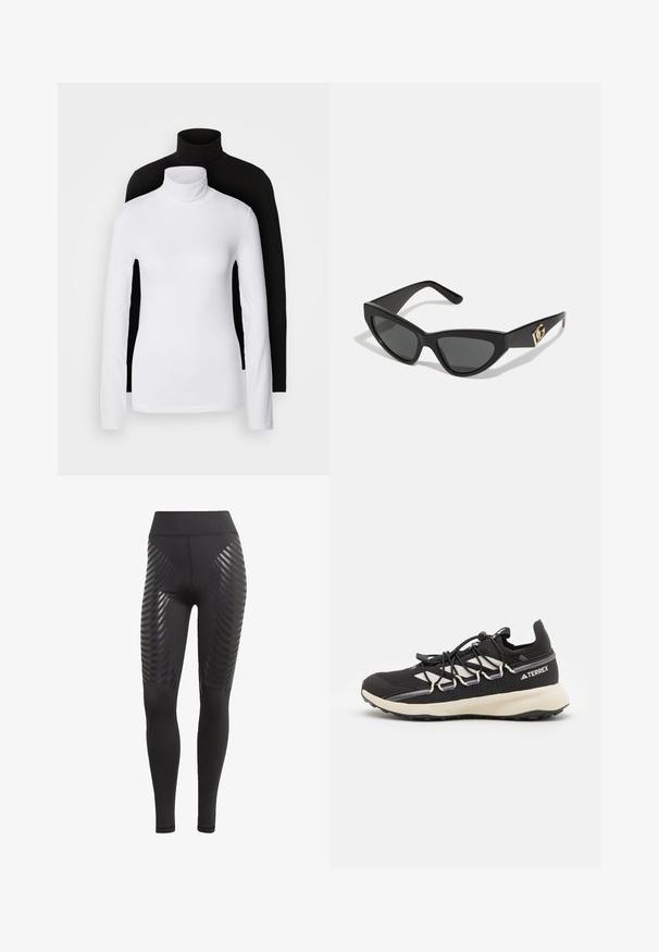 Kaks pikka varrukat turtleneck tippi, üks valge ja teine must, valmistatud siledast, venivast kangast, mõlemad slim-fit disainiga ja kõrgete kraedega.; Musta retuus, millel on kõrge vöökoht, valmistatud venivast materjalist, mustad läikivad lainemustrid külgedel lisadetaileks.; Must mustus kingad tekstureeritud ülaosaga, kontrastsete valgete aktsentidega, vormitud tallaga ja elastsete paeltega. Sarvi peal on trükitud logo.; Kassionkoodiga päikeseprillid, millel on mati must plastraam, tumedad objektiivid ja kuldne logo aksent templis. Nurgaeline disain ja sile tekstuur.