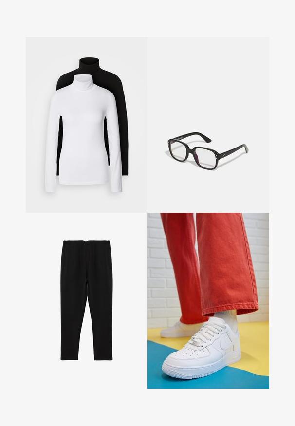 Kaksi pitkähihasta turtleneck-paitaa, yksi valkoinen ja yksi musta, valmistettu sileästä, joustavasta kankaasta. Molemmissa on kapean muotoinen malli ja korkea kaulus.; Musta housut räätälöidyllä muotoilulla, jossa on litteä vyötärö, kaksi sivutaskua ja etu-plootti, valmistettu sileästä kankaasta.; Valkoinen nahkakengät, joissa on rei'itetty varvasosa, teksturoitu pohja ja valkoiset nauhat, yhdistettynä leveisiin punaisiin housuihin ja sinikeltaiseen taustaan.; Mustat suorakulmaiset lasit kirkkailla linsseillä, pyöristettyjen reunojen ja sivu-akseleiden kanssa, kiiltävällä viimeistelyllä kehykset ja varsissa.