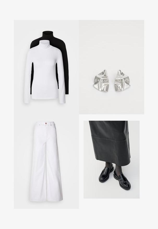Twee lange mouwen turtleneck tops, één wit en één zwart, gemaakt van een gladde, rekbare stof, beide met een slank passend ontwerp en hoge kraag.; Wijduitlopende witte jeans van denim, met een hoge taille, vijf zakken en een knoopsluiting met metalen accenten. Glad textuur.; Zwarte leren loafers met een gladde afwerking, voorzien van een decoratieve band, ronde neus en gestructureerde zool. Draagt met een lange zwarte leren rok.; Zilveren metalen oorbellen met een golvend, sculpturaal ontwerp, voorzien van een gepolijste afwerking en onregelmatige vormen, die een hedendaagse esthetiek benadrukken.