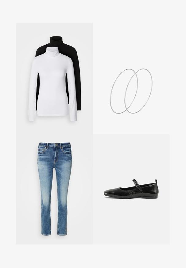 Two long-sleeve turtleneck tops, one white and one black, made of a smooth, stretchy fabric, both featuring slim-fitting design and high collars.; Light blue denim jeans featuring a straight leg design, slight fading, five-pocket style, and subtle embroidery near the hem.; Black patent leather flat shoe with a pointed toe, an ankle strap with a buckle, and a smooth, shiny texture. Low heel for comfort.; Silver hoop earrings with a minimalist design. Circular shape, smooth texture, and thin profile. Lightweight with a polished finish.