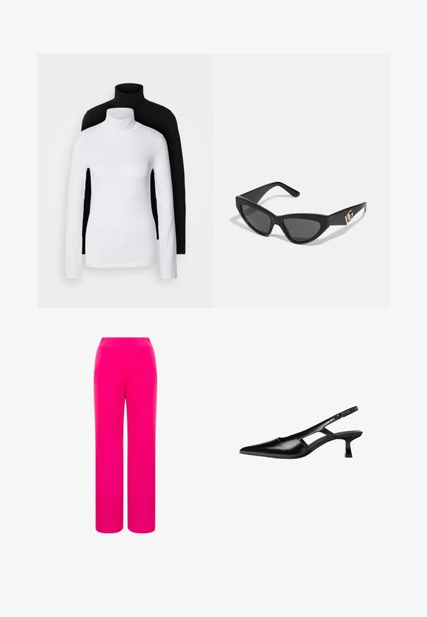 Dvě dlouhé rolákové topy, jeden bílý a jeden černý, vyrobené z hladkého, elastického materiálu, oba s přiléhavým střihem a vysokými límci.; Jasně růžové široké kalhoty s hladkou texturou a vysokým pasem. Vyrobené z lehkého materiálu pro pohodlí a snadný pohyb.; Černé lakované lodičky na podpatku se špičatou špičkou, výřezovým designem na boku a malým čtvercovým podpatkem. Hladká textura s minimálními akcenty.; Sunglasses ve tvaru kočičích očí s matným černým plastovým rámem, tmavými skly a zlatým logem na stranu. Úhlový design a hladká textura.