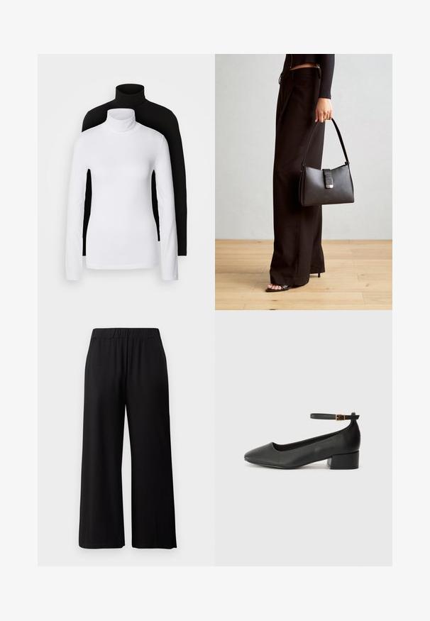 Dvě dlouhé rolákové topy, jeden bílý a jeden černý, vyrobené z hladkého, elastického materiálu, oba s přiléhavým střihem a vysokými límci.; Černé kalhoty s širokými nohavicemi vyrobené z měkké, elastické tkaniny. Obsahují elastický pás a mají hladkou texturu, vhodné na volný čas.; Černé kožené lodičky s špičatou špičkou a nízkým blokovým podpatkem. Obsahují pásek kolem kotníku se zlatou sponou. Hladký povrch.; Černá kabelka se strukturovaným tvarem, hladkým povrchem a kovovým uzávěrem. Kombinována s širokými černými kalhotami a sandály s otevřenou špičkou na dřevěné podlaze.