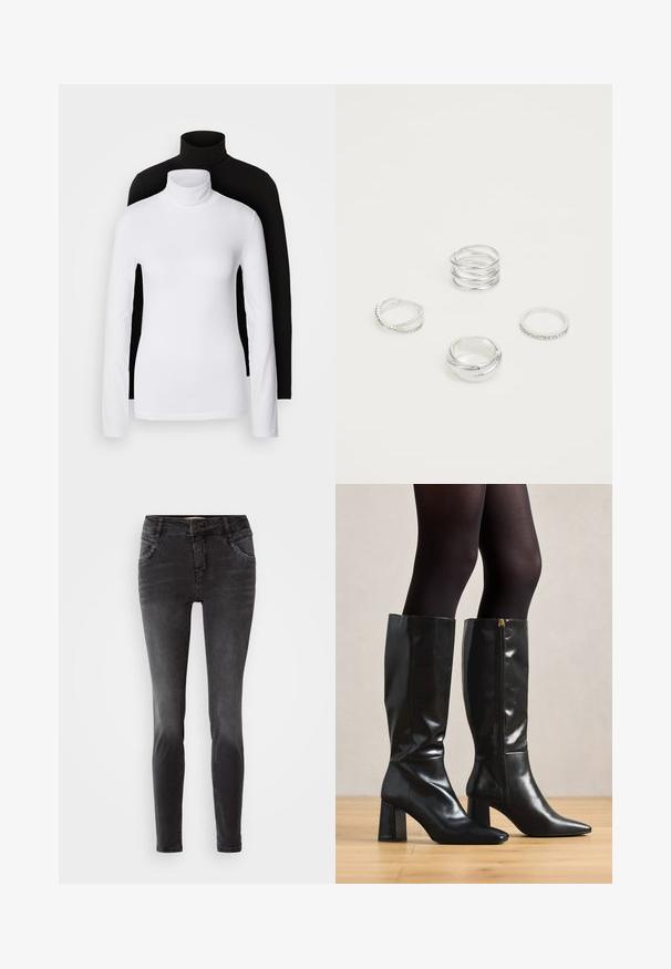 Divi garām piedurknēm turtleneck lielumi, viens balts un otrs melns, izgatavoti no gludas, stiepjamas auduma, abiem ar pieguļošu formu un augstajiem apkaklēm.; Melni skinny džinsi no denima, ar priekšējām pogām, studētām detaļām uz kabatām un gludu tekstūru.; Ceļa augumā melni ādas zābaki ar spoguļjošu apdari, smailo purngalu un masīnu papēdi. Sānu rāvējslēdzēja detaļa vieglai uzvilkšanai.; Četras sudraba gredzeni ar dažādiem dizainiem: savīti josla, slāņoti viļņi, smalki kristāli un gluda josla ar maziem akcentiem.