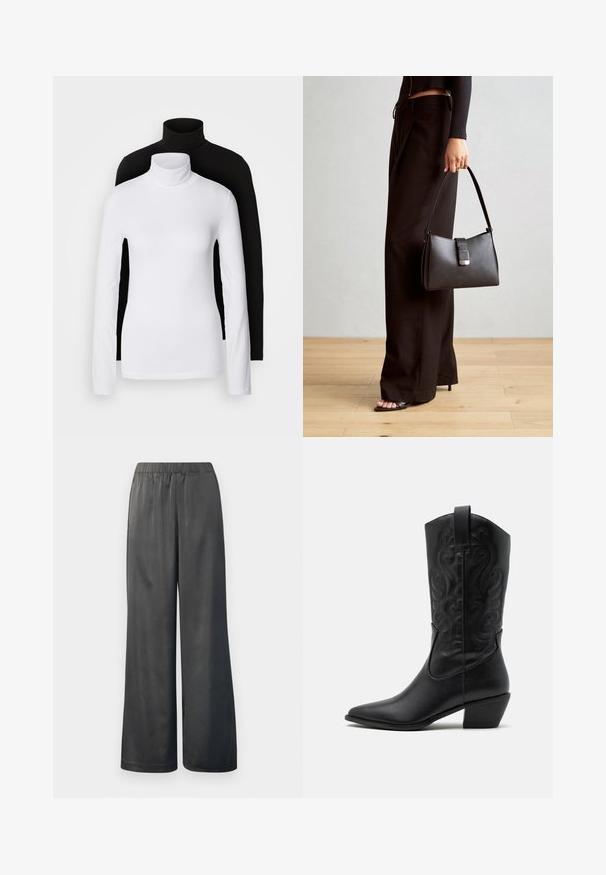 Dva dolge rokave turtleneck majice, ena bela in ena črna, izdelani iz gladkega, raztegljivega materiala, oba imata slim-fit kroj in visoke ovratnike.; Črne široke hlače z elastičnim pasom; gladka, sijoča tekstura; dolžina do tal; brez vidnih vzorcev ali kovinskih dodatkov.; Črne usnjene kavalirske čevlje s koničastim nosom, embosiranimi valovitimi vzorci in srednje visokim peto. Imajo zanko za enostavno obuvanje.; Črna torbica z strukturirano obliko, gladko teksturo in kovinskim zaponko. Ujemajo se z širokimi črnimi hlačami in odprtimi sandali na lesenem tleh.