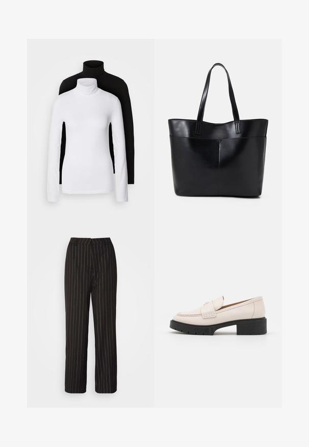 Dwa długie topy z kołnierzem typu golf, jeden biały, a drugi czarny, wykonane z gładkiego, elastycznego materiału, oba o dopasowanym kroju i wysokich kołnierzach.; Czarne spodnie z pionowymi, białymi prążkami, o prostym kroju nogawek i gładkiej strukturze materiału z dopasowanym paskiem w talii.; Jasno beżowe skórzane mokasyny z haftowanym przodem i teksturowanym czarnym obcasem. Charakteryzują się zaokrąglonym kształtem i lekkim podniesieniem.; Czarna skórzana torba na ramię z dwoma długimi uchwytami, gładką teksturą i sztywną formą. Posiada przednią kieszeń dla dodatkowego przechowywania.