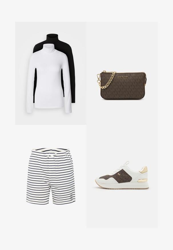 Two long-sleeve turtleneck tops, one white and one black, made of a smooth, stretchy fabric, both featuring slim-fitting design and high collars.; Striped swim shorts in white and navy, featuring an elastic waistband with a drawstring, and a small logo detail on the lower front.; White sneakers with brown patterned fabric panel, gold hardware accents, round toe, lace-up design, and textured rubber sole.; Brown leather crossbody bag with logo pattern, gold chain strap, zipper closure, and gold hardware accents. Compact and rectangular shape.