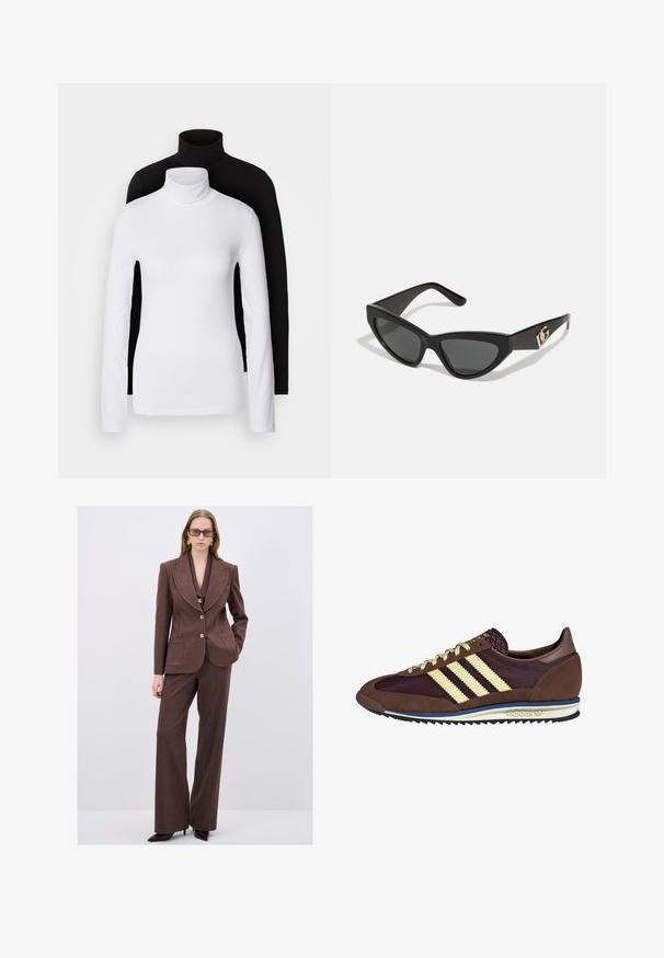 To sæt langærmede turtleneck toppe, en hvid og en sort, lavet af et glat, strækbart stof, begge med slim-fit design og høje kraver.; Brun skræddersyet jakkesæt med blazer med hakkeventil og matchende brede bukser. Har struktureret stof og guldknapper.; Brune og bordeaux sneakers lavet af ruskind og mesh-materialer, med tre cremefarvede striber, tekstureret stof på tungen, og en gummisål.; Cat-eye solbriller med en mat sort kunststoframme, mørke linser og en guldfarvet logoaccent på stænger. Vinklet design og glat overflade.; Brun læder crossover taske med logo mønster, guldkæde rem, lynlås lukning og gyldne hardware detaljer. Kompakt og rektangulær form.