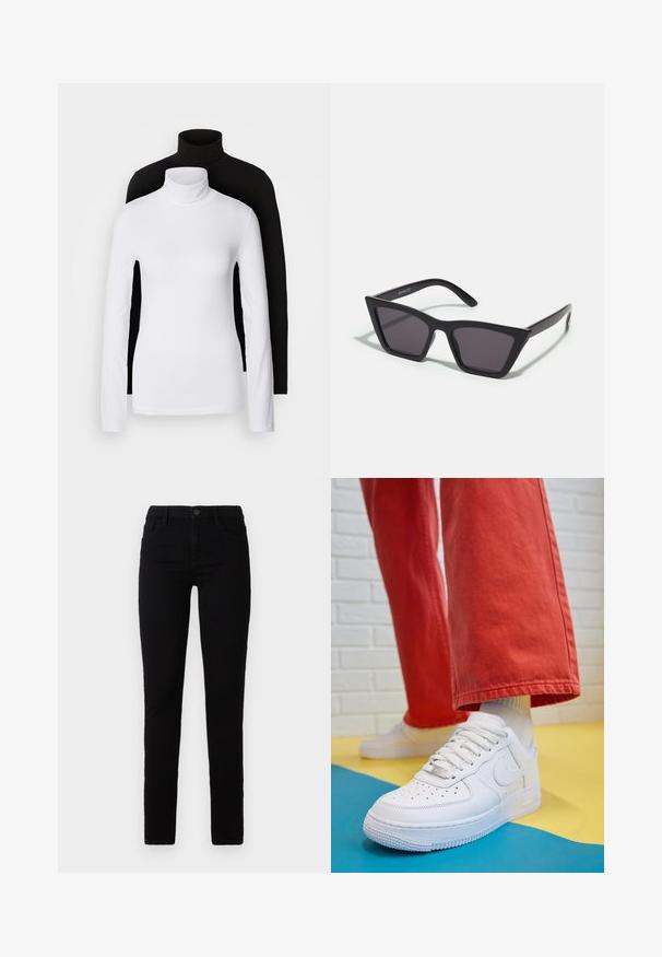 Két hosszú ujjú garbó felső, az egyik fehér, a másik fekete, sima, rugalmas anyagból készült, mindkettő karcsú szabású és magas nyakú.; Fekete skinny farmernadrág, pamut keverék anyagból készült. Öt zsebet, gombos záródást és testhezálló kialakítást tartalmaz. Simaság jellemzi.; Fehér bőr edzőcipő perforált orral, texturált talppal és fehér fűzővel, széles vörös nadrággal párosítva, kék és sárga háttérrel.; Fekete, szögletes napszemüveg szürke lencsékkel; műanyagból készült, vastag karokkal, sima felülettel és látható hardver nélkül.