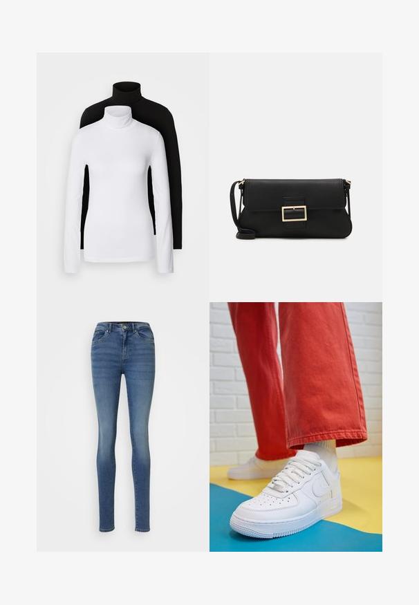 Divi garām piedurknēm turtleneck lielumi, viens balts un otrs melns, izgatavoti no gludas, stiepjamas auduma, abiem ar pieguļošu formu un augstajiem apkaklēm.; Tievās džinsu bikses vidēji zilā denima, ar augstu jostasvietu, piecām kabatām un gludu tekstūru ar minimālu izbalēšanu.; Baltās ādas kedas ar perforētu purngalu, teksturētu zoli un baltām auklām, apvienotas ar platām sarkanām biksēm un zilu un dzeltenu fona.; Melnas ādas saķeres soma ar atloku un zelta metāla sprādzi. Ietver melnu siksnu un elegantu, minimālistisku dizainu.; Zelta auskari ar gludu, spīdīgu apdari. Apaļš dizains, kas ietver mazu tapu un caurspīdīgu pamatni drošai valkāšanai.