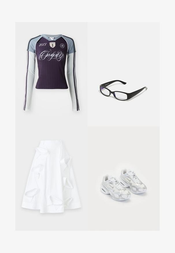 Camisa atlética de manga larga en púrpura oscuro con mangas en gris claro. Cuenta con rayas verticales, logo bordado y texto decorativo.; Falda blanca en línea A hecha de algodón, con detalles de cortes sobredimensionados y una textura suave. Incluye una cinturilla estructurada.; Zapatillas deportivas blancas con parte superior de malla y acentos plateados, una forma única y amortiguación de aire en el talón. Diseño con cordones y logotipo.; Gafas rectangulares negras con lentes transparentes. Acabado brillante, varillas estrechas y tinte púrpura visible en los bordes de los lentes.