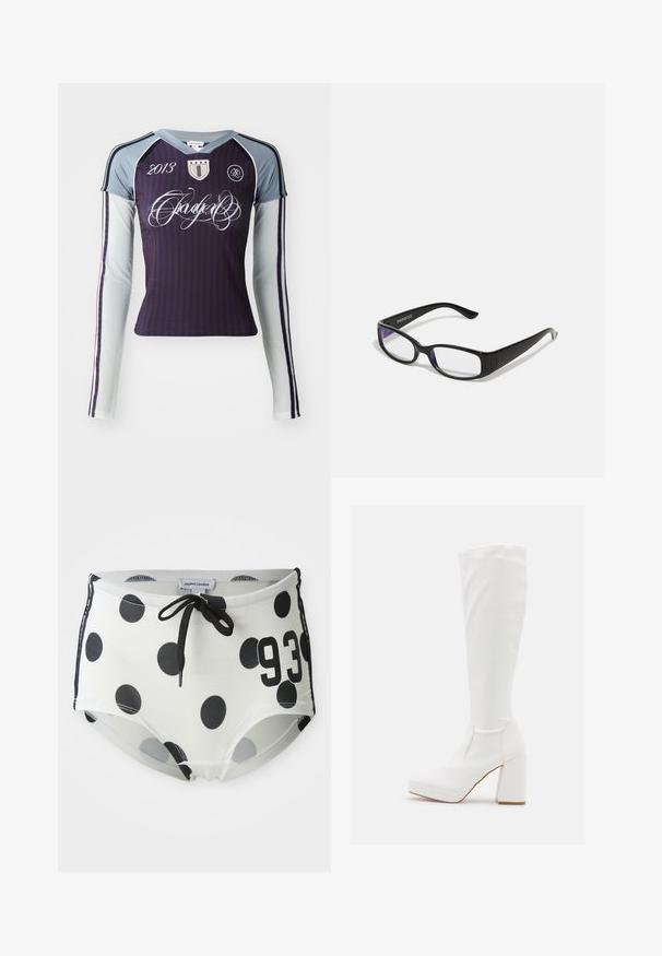 Maglietta sportiva a maniche lunghe di colore viola scuro con maniche grigie chiare. Presenta righe verticali, logo ricamato e testo decorativo.; Pantaloni da bagno a pois bianchi e neri con vita regolabile, caratterizzati dal numero "93" sul davanti e un tessuto liscio ed elastico.; RAID CANNON - Stivali con plateau - white; Occhiali rettangolari neri con lenti trasparenti. Finitura lucida, bracci sottili e una sfumatura viola visibile ai bordi delle lenti.
