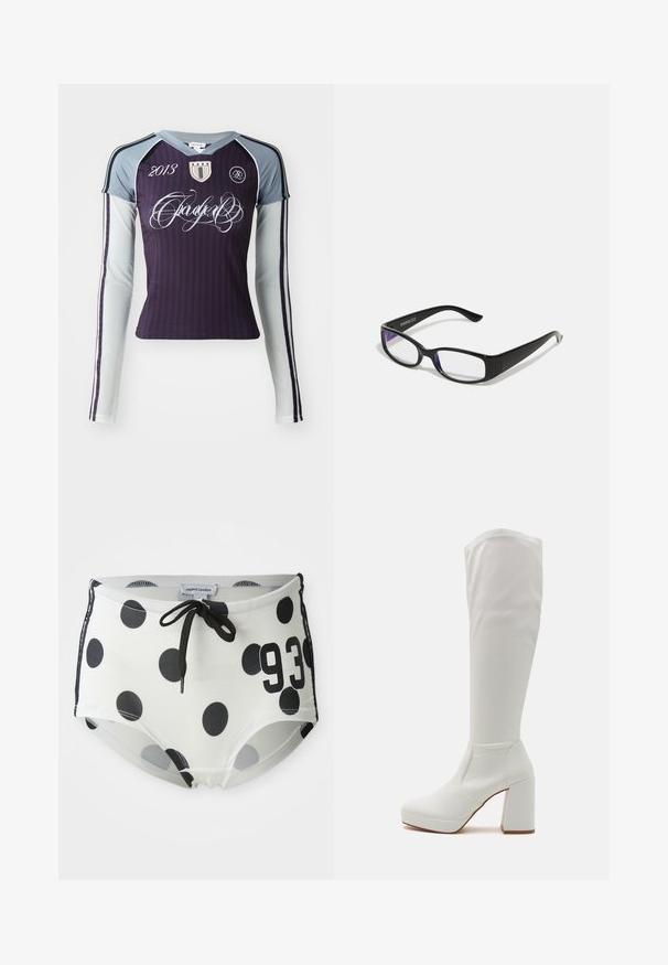 Langärmliges Sportshirt in Dunkellila mit hellgrauen Ärmeln. Merkmale sind vertikale Streifen, gesticktes Logo und dekorativer Text.; Schwarz-weiße gepunktete Badehose mit einem Kordelzug-Bund, auf der Vorderseite mit der Nummer "93" und aus einem glatten, dehnbaren Stoff.; RAID CANNON - Plateaustiefel - white; Schwarze rechteckige Brille mit klaren Gläsern. Glänzende Oberfläche, schmale Bügel und lila Tönung an den Rändern der Gläser sichtbar.