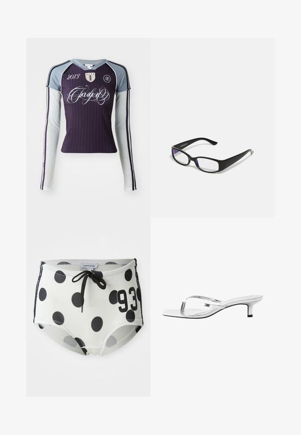 Tumesinise varrukaga sportlik särk tumepruuni värviga ja heleda halli varrukatega. Omab vertikaalseid triibusid, brodüüritud logo ja dekoratiivset teksti.; Mustvalged must-valgete täppidega ujumispüksid kummeeritud vöökohaga, mille esiosal on number "93" ja mis on valmistatud siledast ja venivast kangast.; Next SIGNATURE  TOE POST REGULAR FIT - T-rihmaga sandaalid - silver; Mustad mustad prillid selgete läätsedega. Läikiv viimistlus, kitsad vars, ja läätsede servadel on nähtav lilla varjund.