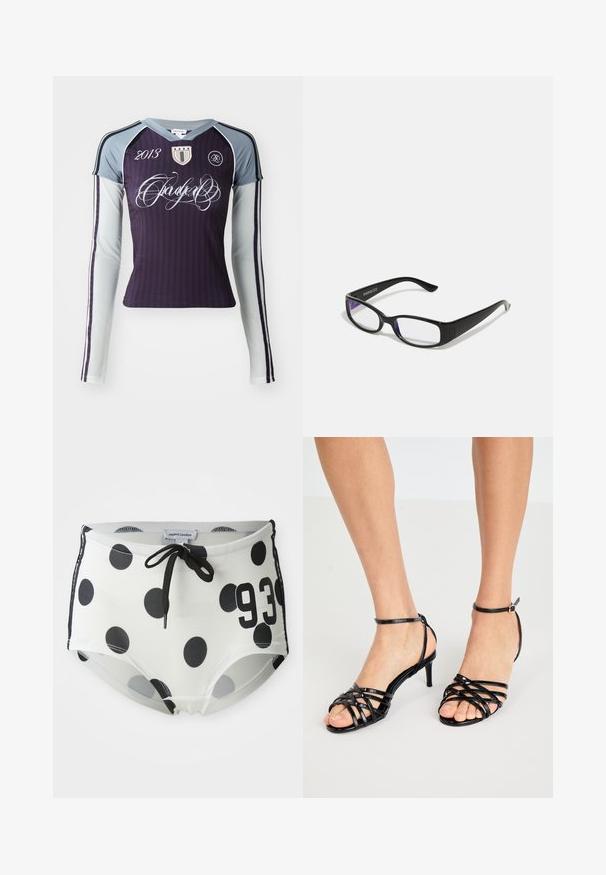 Long-sleeve athletic shirt in dark purple with light gray sleeves. Features vertical stripes, embroidered logo, and decorative text.; Black and white polka dot swim shorts with a drawstring waistband, featuring the number "93" on the front and a smooth, stretchy fabric.; Black strappy high-heel sandals with glossy texture. Ankle strap with buckle. Open toe design featuring crisscross detailing.; Black rectangular glasses with clear lenses. Glossy finish, narrow arms, and purple tint visible at the edges of the lenses.