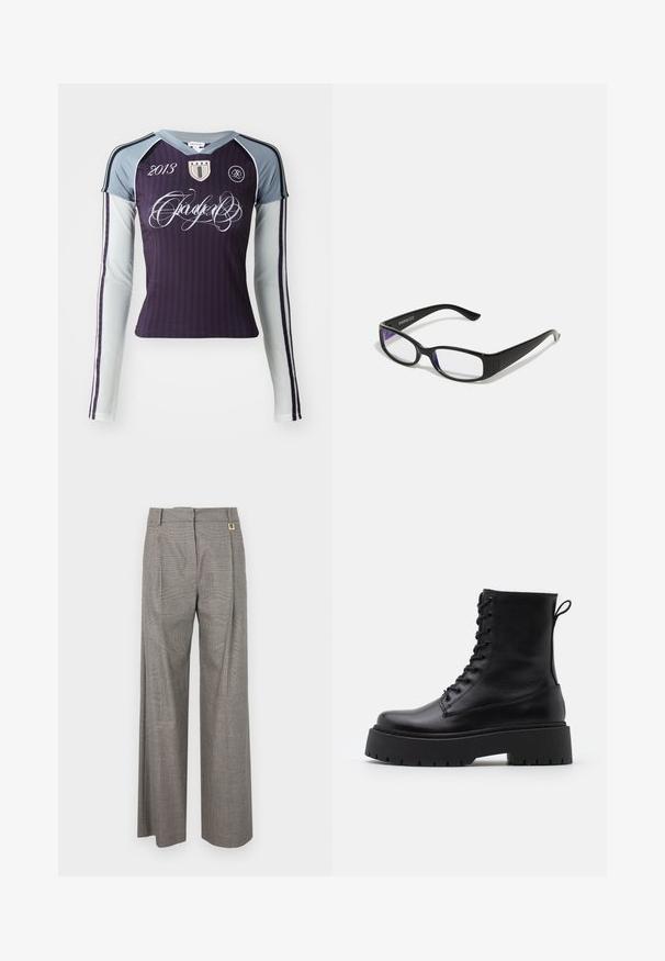 T-shirt de sport à manches longues en violet foncé avec des manches gris clair. Comprend des rayures verticales, un logo brodé et du texte décoratif.; Pantalons larges en tartan gris avec taille haute, plissés à l'avant et accent en métal doré à la taille. Tissu texturé.; Bottines en cuir noir avec un bout rond, un laçage à l'avant et une épaisse semelle en caoutchouc dotée d'un motif texturé. Tirer au dos.; Des lunettes rectangulaires noires avec des verres transparents. Fini brillant, branches étroites et teinte violette visible sur les bords des verres.