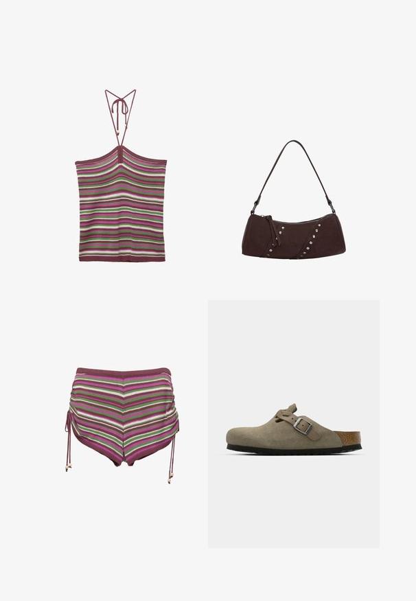 Top a canotta lavorato a maglia con lacci regolabili, caratterizzato da righe verticali in bordeaux, verde, bianco e rosa. La trama è morbida ed elastica.; Costume da bagno a righe in tonalità di rosa, verde e marrone. Presenta fianchi con coulisse e un tessuto morbido e elasticizzato.; Zoccoli in suede di un verde oliva chiaro con una soletta in sughero e gomma sagomata. Presentano una cinghia laterale con fibbia metallica e una punta arrotondata.; Borsa a tracolla in finta pelle marrone con forma curva, chiusura con zip e borchie decorative argentate su un lato. Presenta una spallina corta.