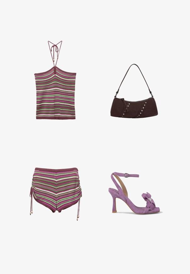 Strick-Tanktops mit verstellbaren Bändern, ausgestattet mit vertikalen Streifen in Burgunderrot, Grün, Weiß und Pink. Die Textur ist weich und dehnbar.; Gestreifte Badehorts in den Farben Rosa, Grün und Braun. Mit seitlichen Kordelzügen und einem weichen, dehnbaren Stoff.; Lila Wildleder-Pumps mit hohen Absätzen und Knöchelriemen. Verfügt über eine florale Verzierung mit einem Strassdetail auf der Zehe.; Braune Handtasche aus synthetischem Leder mit geschwungener Form, Reißverschluss und dekorativen silbernen Nieten auf einer Seite. Verfügt über einen kurzen Schultergurt.