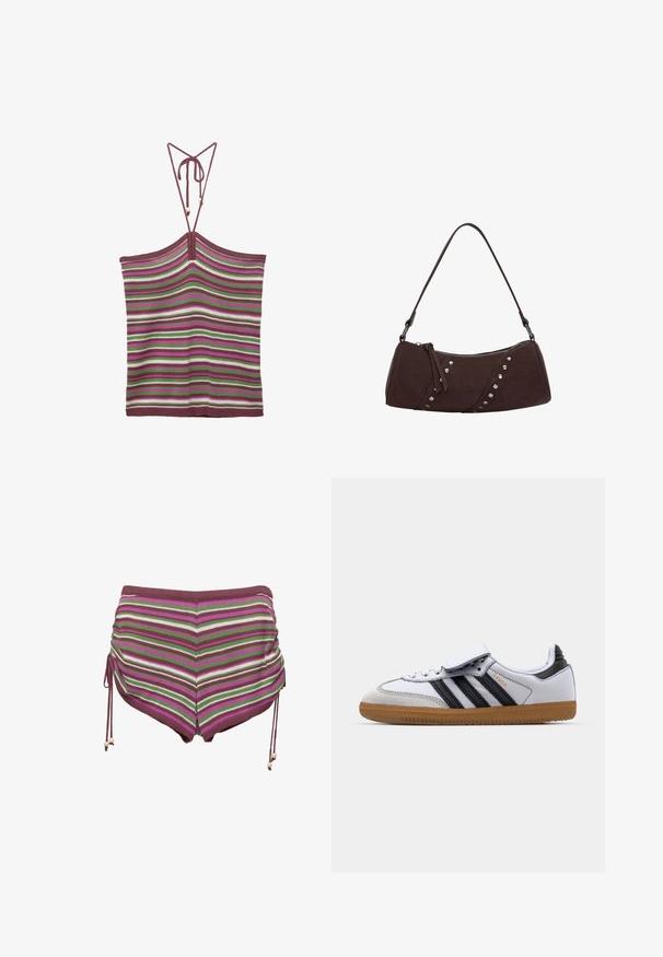 Neulottu toppi säädettävillä nauhoilla, jossa on pystysuorat raidat tummanpunaisessa, vihreässä, valkoisessa ja vaaleanpunaisessa. Tekstuuri on pehmeä ja joustava.; Uima shorts raidallisina vaaleanpunaisessa, vihreässä ja ruskeassa. Sisältää kiristysnyörit sivuilla ja pehmeän, joustavan kankaan.; Valkoiset nahkakengät mustilla raidoilla ja harmailla yksityiskohdilla, joissa on pyöreä kärki ja kumipohja. Tarranauha ja nauhakiristys.; Ruskea synteettisestä nahasta valmistettu käsilaukku, jossa on kaareva muoto, vetoketjukiinnitys ja koristeellisia hopeanvärisiä niittejä yhden sivun varrella. Varustettu lyhyellä olkahihnalla.
