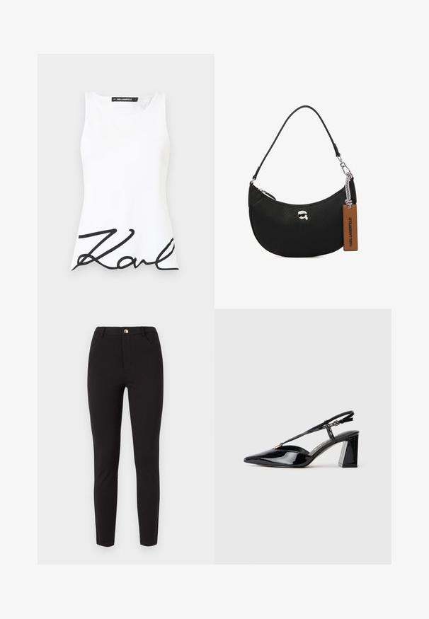 Hvid ærmeløs top med rund halsudskæring, med et fremtrædende sort kursiv "Karl" logo over den nederste del foran. Glat stoftekstur.; Sorte, tætsiddende bukser lavet af strækbart materiale. Har standardlommer, en frontlynlås og en guldkneppe detalje ved taljen.; Sorte laklæder slingback højhælede sko med spids tå, justerbar rem og chunky rektangulær hæl.; Sorte læderhåndtaske med en pebret tekstur, buet form, top lynlåslukning, sølvfarvet hardware og et brunt mærke. Har logoaccent.