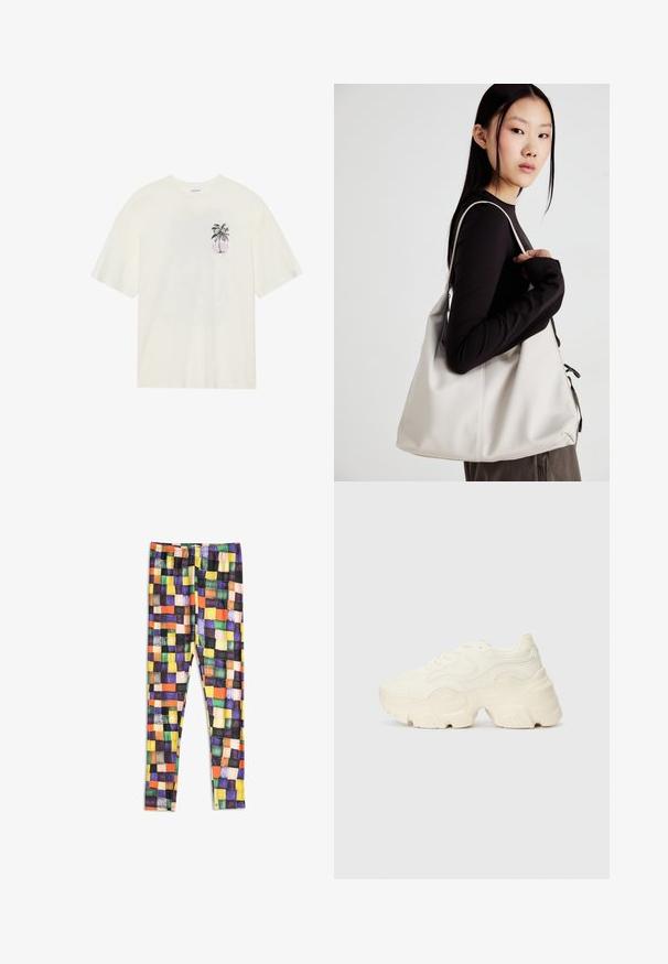White cotton t-shirt with short sleeves, featuring a palm tree graphic and the word "ALPHA" in purple on the left chest area.; Leggings with a multicolor checkered pattern in shades of yellow, orange, green, purple, black, and beige on a white background.; Chunky white sneakers made of textured mesh and synthetic materials, featuring a thick sole and intricate pattern details along the sides.; Beige handbag made of soft material, featuring a slouchy design, stitched detailing, and two shoulder straps. Suitable for everyday use.