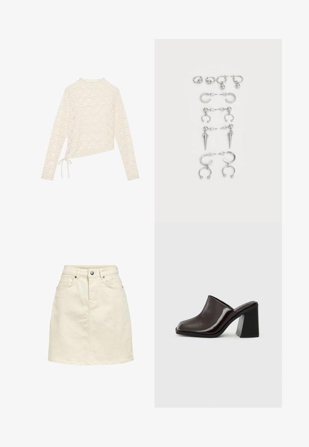 Krämfärgad långärmad topp med blommig spetsdesign, hög hals och sidoknytning för justerbar passform. Mjuk textur och lättviktsmaterial.; Denimkjol i en ljusbeige färg, med rak skärning, femfickorsdesign, knappstängning och en subtilt texturerad yta.; Mörkbordeaux lädermullor med kvadratig tå, glansig finish och en chunky, texturerad svart klack. Enkelt design, slip-on stil.; Ett set silverörhängen med olika utformningar: ringar, stift och hängande stilar, med bollar och spetsiga detaljer.